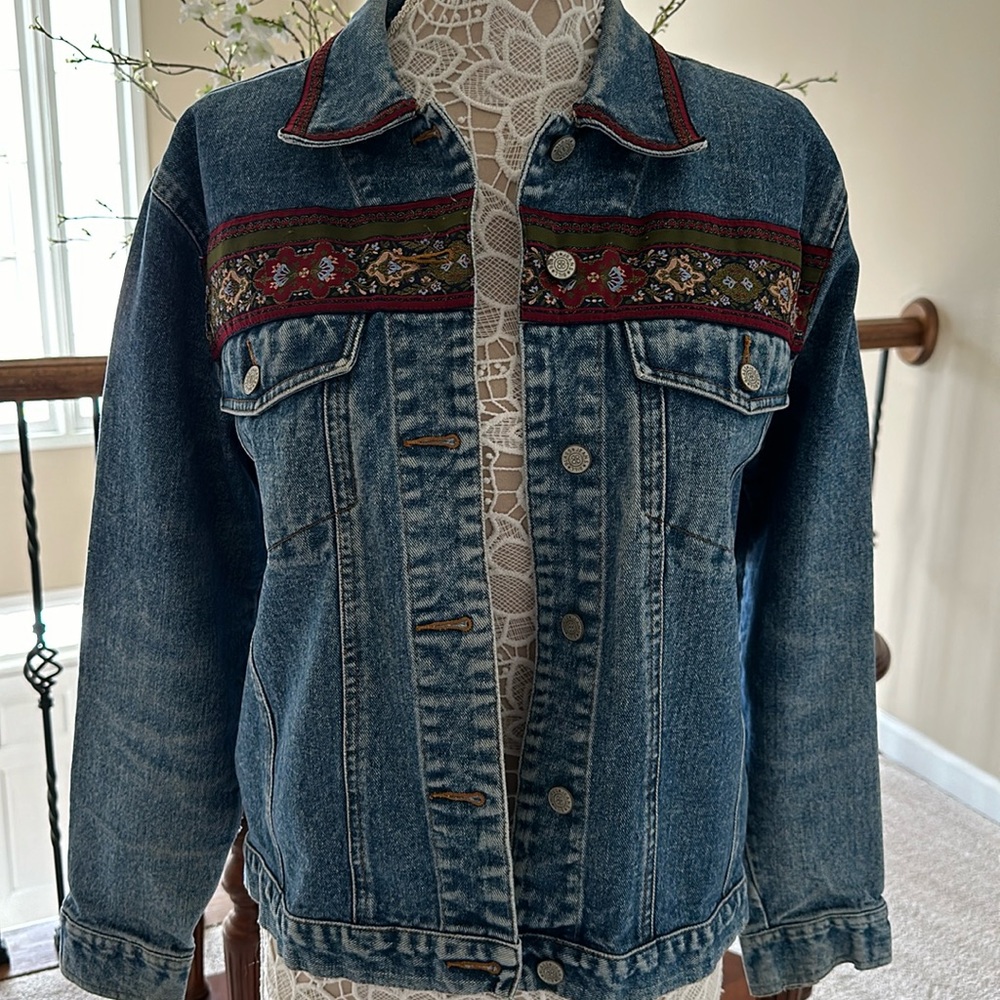 Bill Blass Vintage tapestry trim denim jacket size M